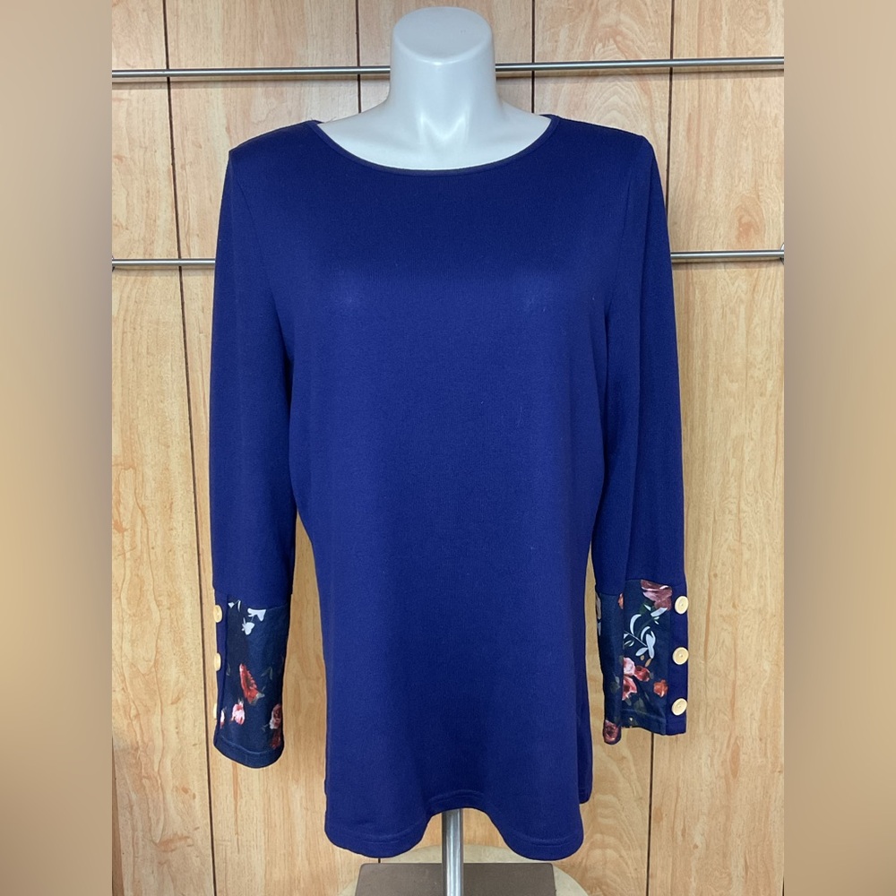 Women’s Long Sleeve Navy Tunic with Floral Button Cuff